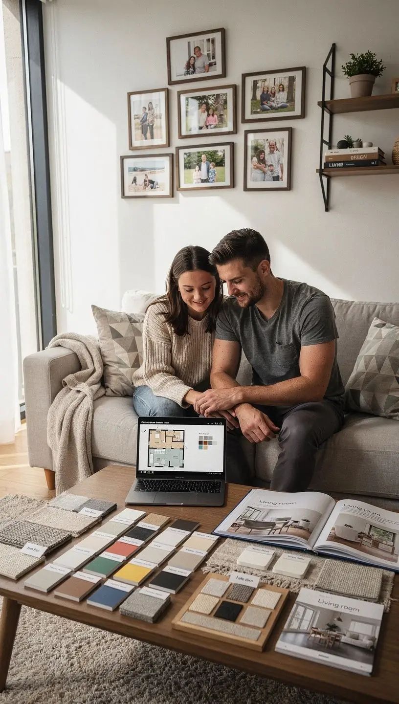 Семья, выбирающая новый дом и обсуждающая варианты кастомизации с представителем застройщика.