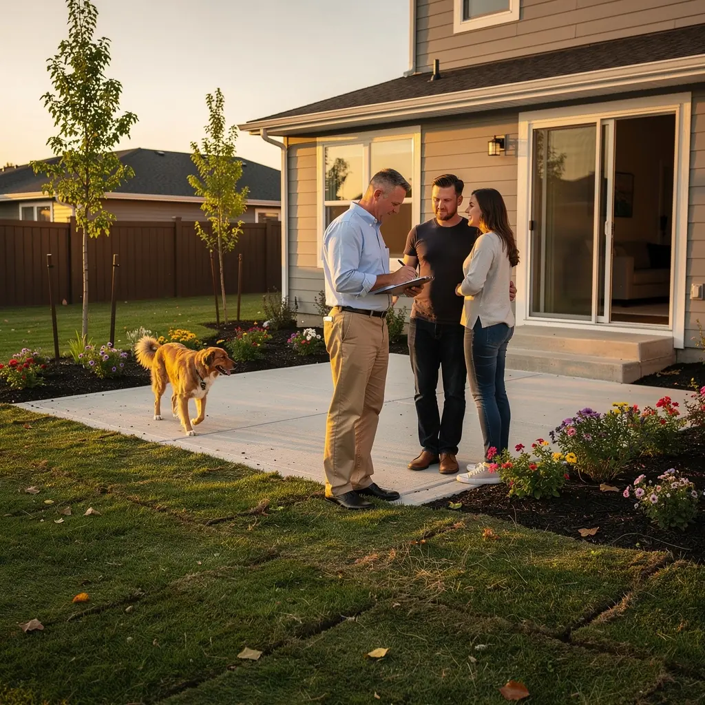 Счастливая семья, выбирающая свой новый дом на фоне строительного участка.