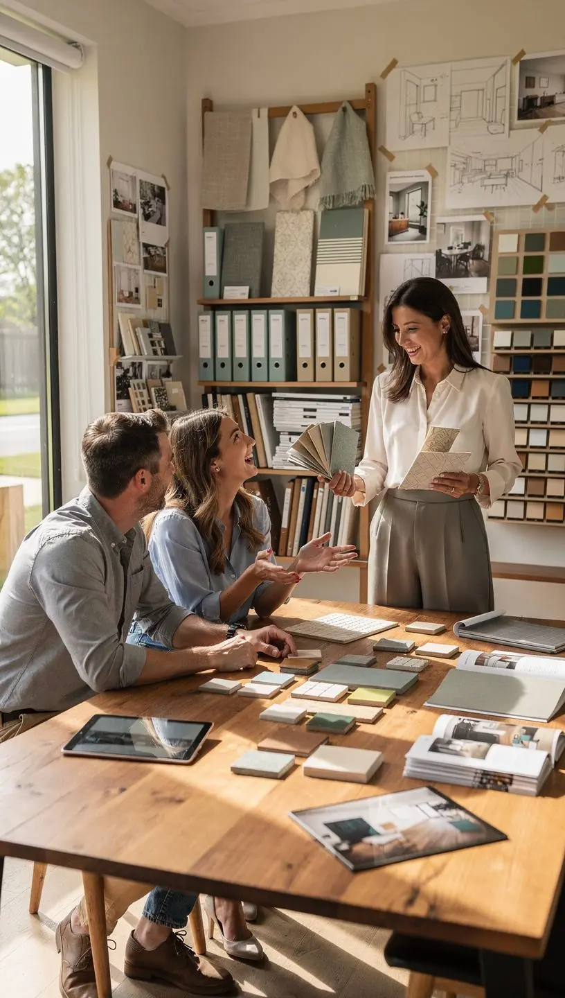 Семья, выбирающая индивидуальные опции для своего нового дома.