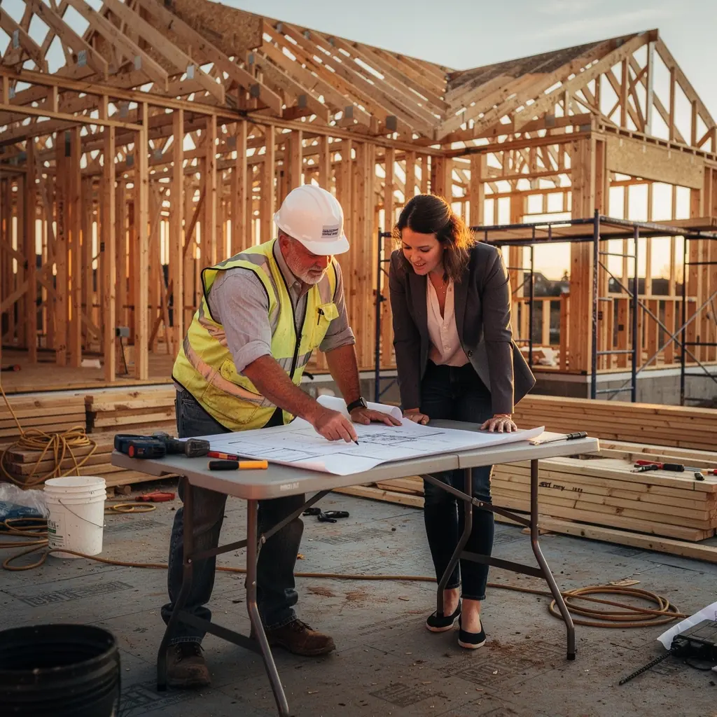 Счастливая семья на фоне своего нового дома, готового к заселению.