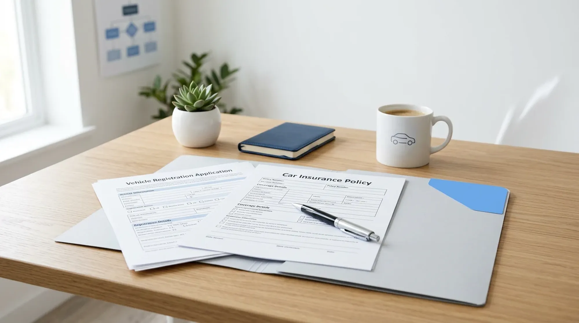 Dokumenty ubezpieczeniowe i rejestracyjne na biurku